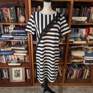 CHRISTINA Barros striped fringe dress sz 36 nwt black & white shift short sleeve